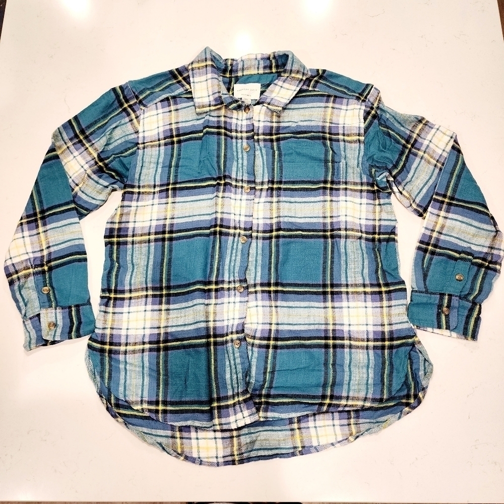 American Eagle AEO Teal Plaid Boyfriend Fit Button Down Flannel Women's Small S